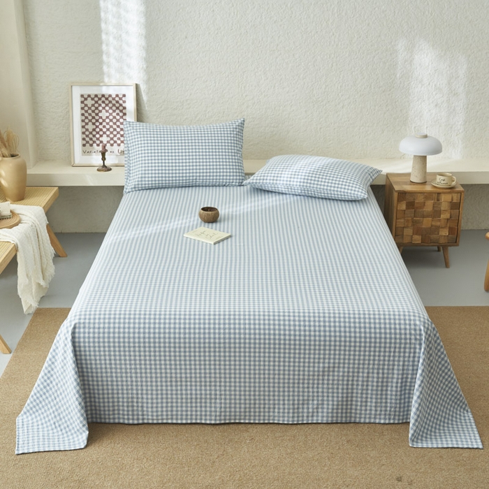 91家纺网 家纺一手货源 找家纺 早晨家纺 2025新款色织纯棉水洗棉床单 蓝小格