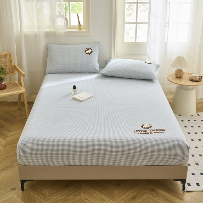 91家纺网 家纺一手货源 找家纺 早晨家纺 2025新款色织纯棉水洗棉毛巾绣床笠 星曜床笠-浅兰