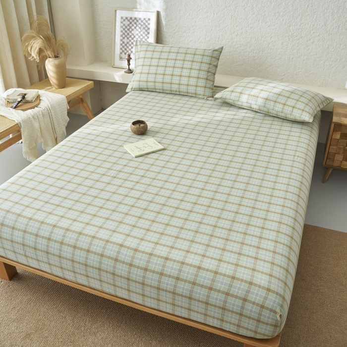 91家纺网 家纺一手货源 找家纺 早晨家纺 2025新款色织纯棉水洗棉床笠 梦雨-绿