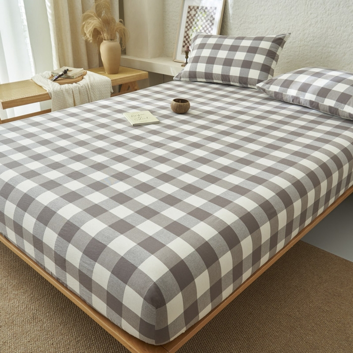 91家纺网 家纺一手货源 找家纺 早晨家纺 2025新款色织纯棉水洗棉床笠 灰中格