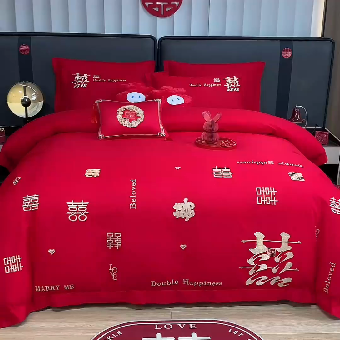 91家纺网 家纺一手货源 找家纺 张公子婚庆馆 2025新款全棉40s喷气四件套婚庆系列 喜来登-金