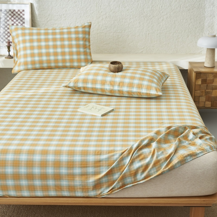 91家纺网 家纺一手货源 找家纺 早晨家纺 2025新款色织纯棉水洗棉床笠 沐夏-桔