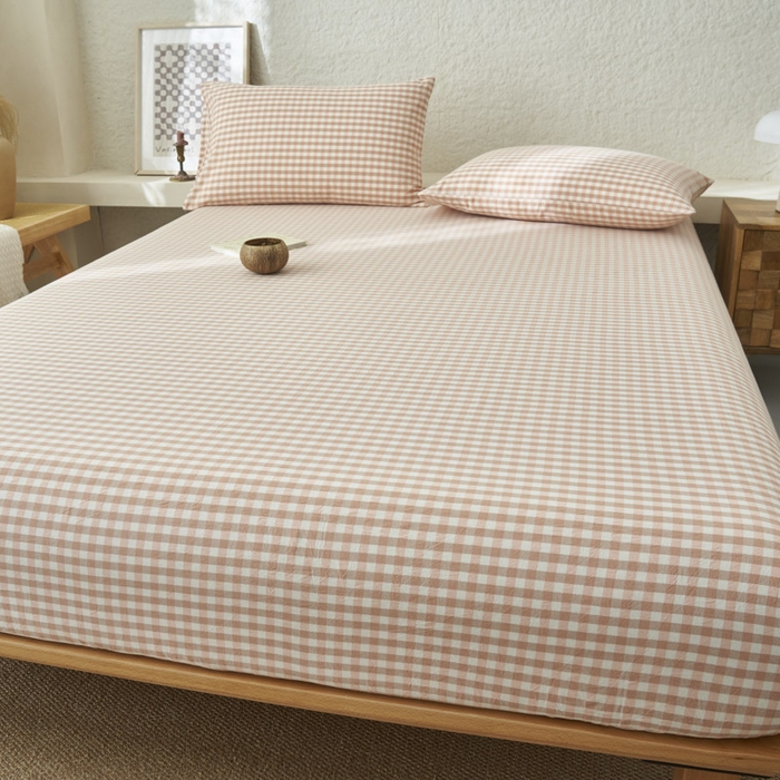 91家纺网 家纺一手货源 找家纺 早晨家纺 2025新款色织纯棉水洗棉床笠 粉小格