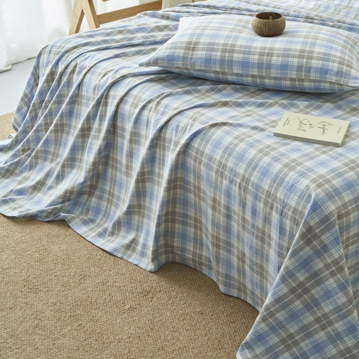 91家纺网 家纺一手货源 找家纺 早晨家纺 2025新款色织纯棉水洗棉床单 森迪-蓝