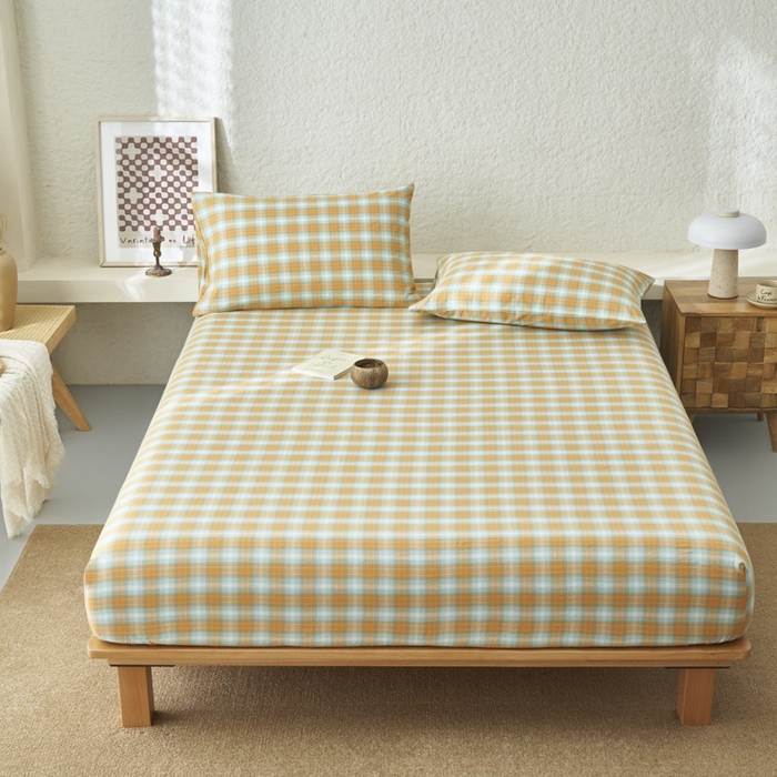 91家纺网 家纺一手货源 找家纺 早晨家纺 2025新款色织纯棉水洗棉床笠 沐夏-桔