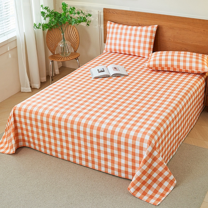 91家纺网 家纺一手货源 找家纺 义博家纺 2025新款纯棉老粗布床单 夏日橙中格