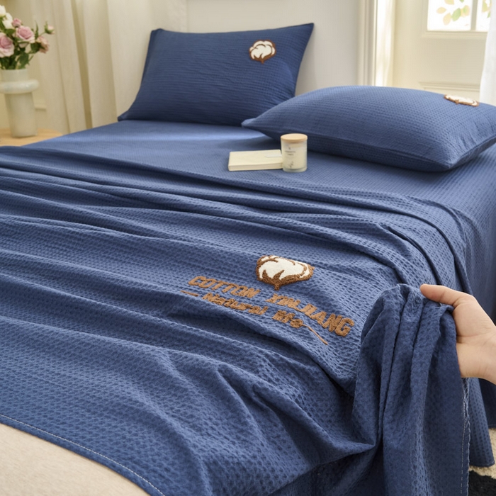 91家纺网 家纺一手货源 找家纺 早晨家纺 2025新款纯棉华夫格床单 纯棉华夫格床单-牛仔蓝