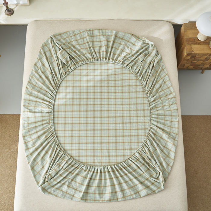 91家纺网 家纺一手货源 找家纺 早晨家纺 2025新款色织纯棉水洗棉床笠 梦雨-绿