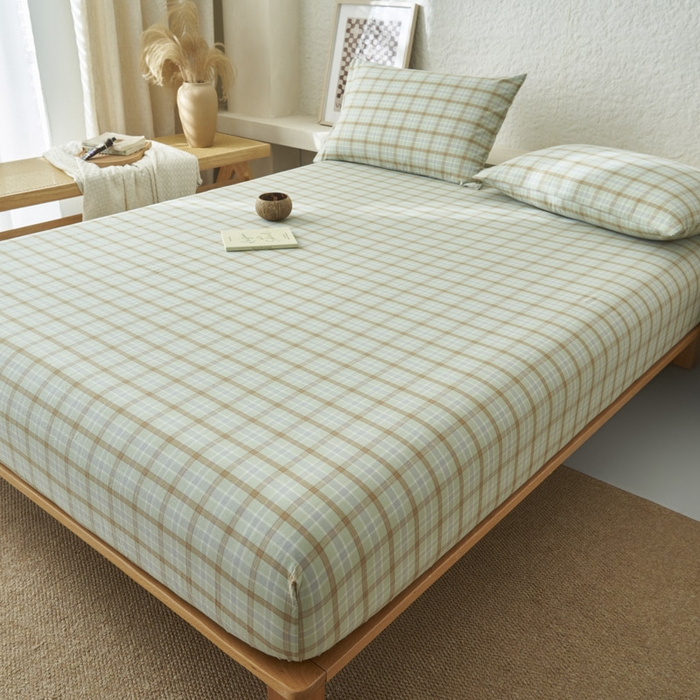 91家纺网 家纺一手货源 找家纺 早晨家纺 2025新款色织纯棉水洗棉床笠 梦雨-绿