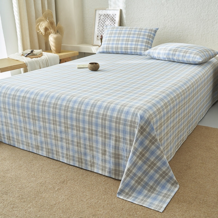 91家纺网 家纺一手货源 找家纺 早晨家纺 2025新款色织纯棉水洗棉床单 森迪-蓝