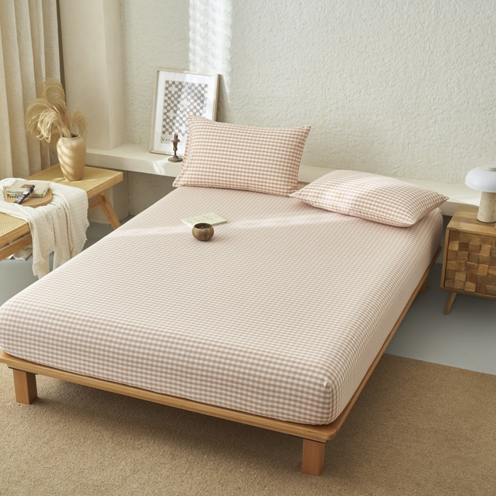 91家纺网 家纺一手货源 找家纺 早晨家纺 2025新款色织纯棉水洗棉床笠 粉小格