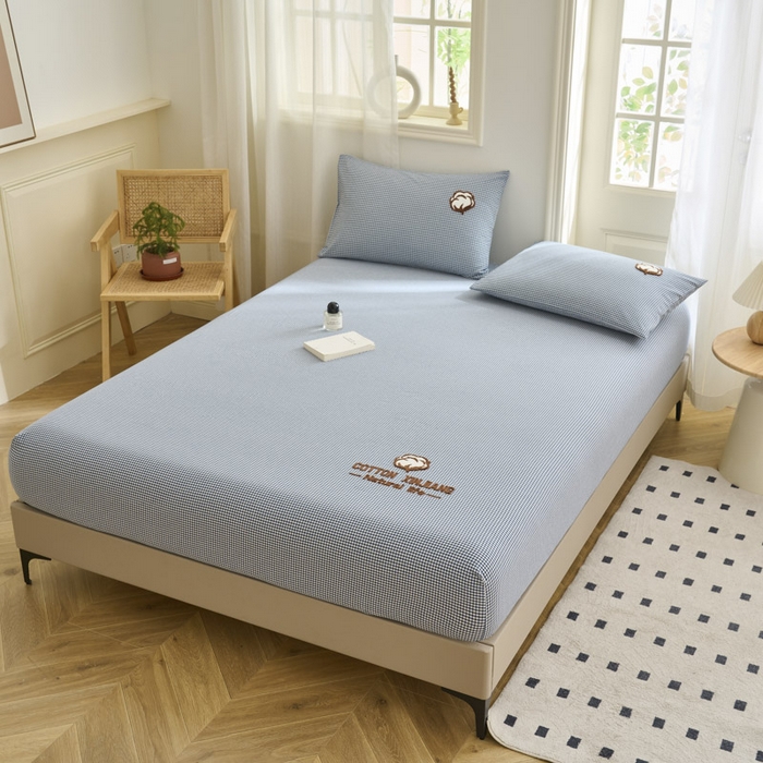 91家纺网 家纺一手货源 找家纺 早晨家纺 2025新款色织纯棉水洗棉毛巾绣床笠 星曜床笠-深蓝