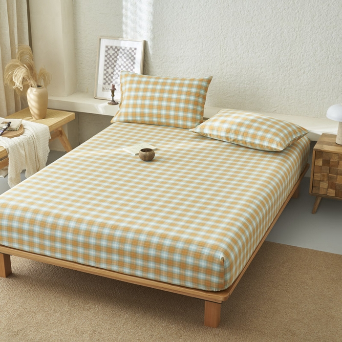 91家纺网 家纺一手货源 找家纺 早晨家纺 2025新款色织纯棉水洗棉床笠 沐夏-桔