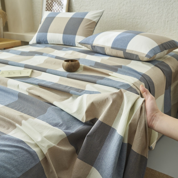 91家纺网 家纺一手货源 找家纺 早晨家纺 2025新款色织纯棉水洗棉床单 蓝大格
