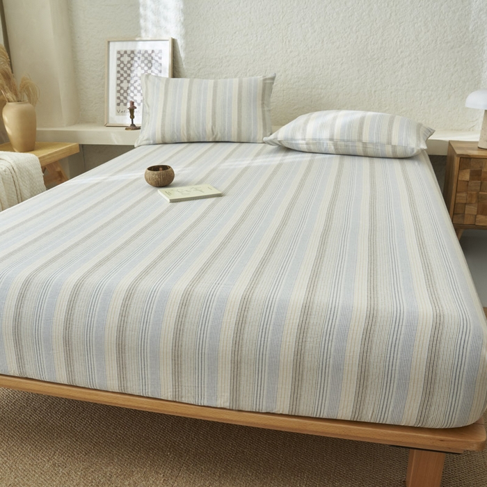 91家纺网 家纺一手货源 找家纺 早晨家纺 2025新款色织纯棉水洗棉床笠 凯西亚-蓝