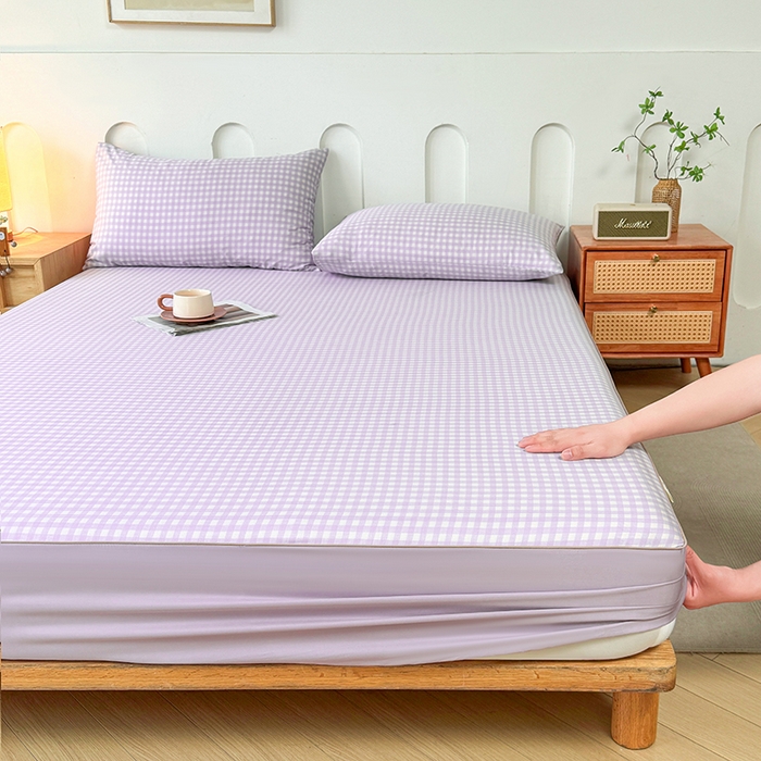 91家纺网 家纺一手货源 找家纺 笠裙家纺 2025新款进口凉感莱赛尔天丝床笠套三件套 美格紫