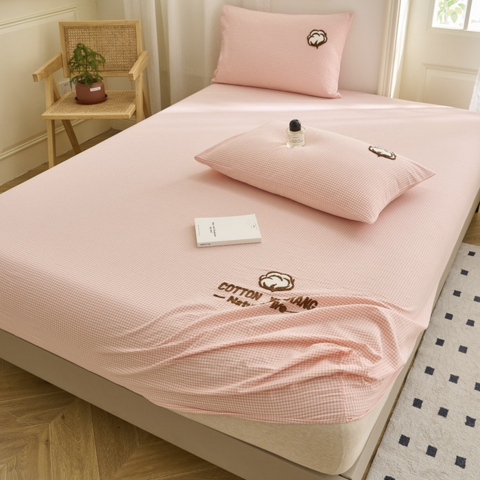 91家纺网 家纺一手货源 找家纺 早晨家纺 2025新款色织纯棉水洗棉毛巾绣床笠 星曜床笠-浅粉