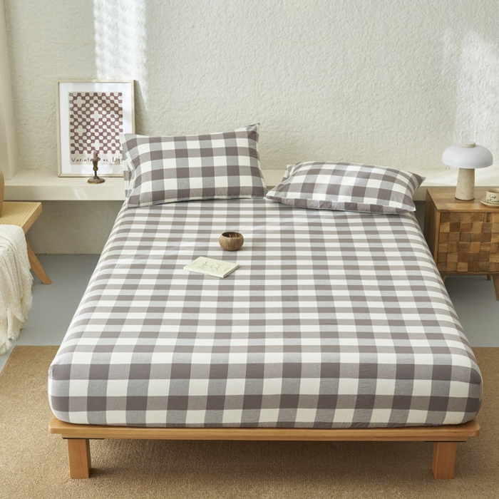 91家纺网 家纺一手货源 找家纺 早晨家纺 2025新款色织纯棉水洗棉床笠 灰中格