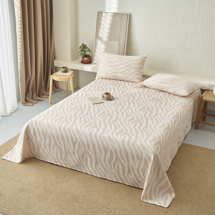 91家纺网 家纺一手货源 找家纺 早晨家纺 2025新款三层纱纯棉提花床单 斑马纹床单-咖色