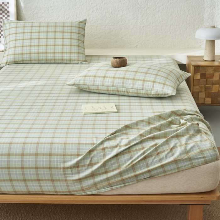 91家纺网 家纺一手货源 找家纺 早晨家纺 2025新款色织纯棉水洗棉床笠 梦雨-绿