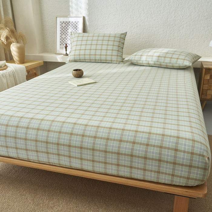 91家纺网 家纺一手货源 找家纺 早晨家纺 2025新款色织纯棉水洗棉床笠 梦雨-绿