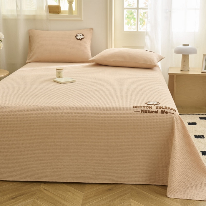 91家纺网 家纺一手货源 找家纺 早晨家纺 2025新款纯棉华夫格床单 纯棉华夫格床单-杏色