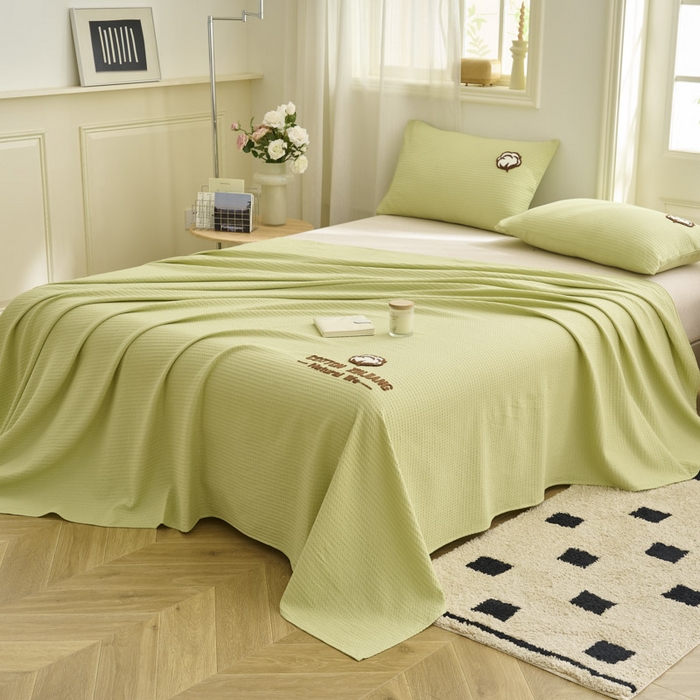 91家纺网 家纺一手货源 找家纺 早晨家纺 2025新款纯棉华夫格床单 纯棉华夫格床单-黄绿