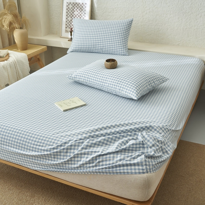 91家纺网 家纺一手货源 找家纺 早晨家纺 2025新款色织纯棉水洗棉床笠 蓝小格