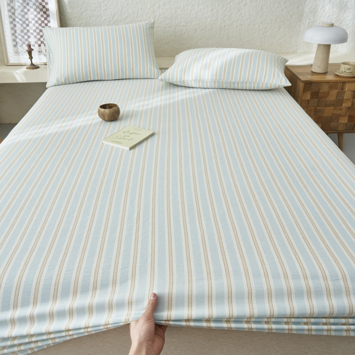 91家纺网 家纺一手货源 找家纺 早晨家纺 2025新款色织纯棉水洗棉床笠 科瑞-蓝