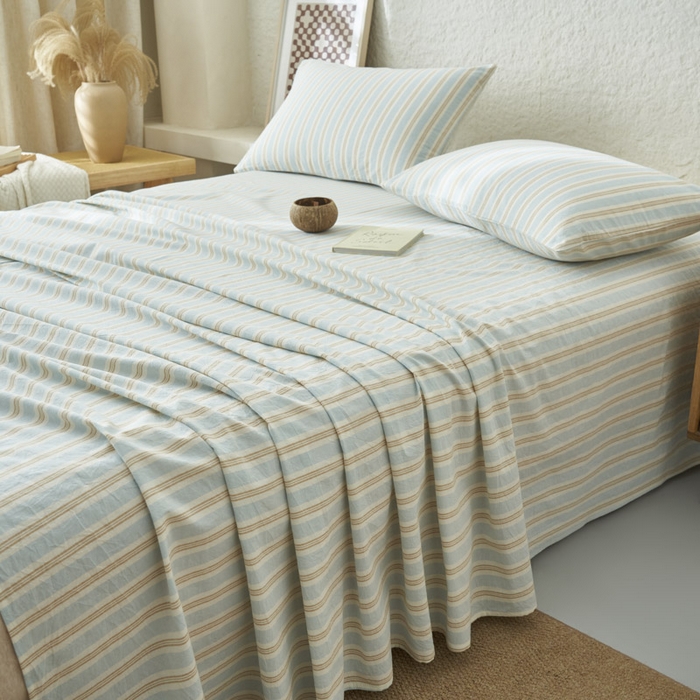 91家纺网 家纺一手货源 找家纺 早晨家纺 2025新款色织纯棉水洗棉床单 科瑞-蓝