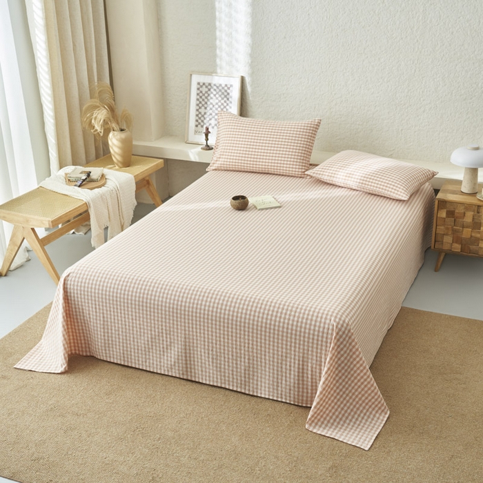 91家纺网 家纺一手货源 找家纺 早晨家纺 2025新款色织纯棉水洗棉床单 粉小格