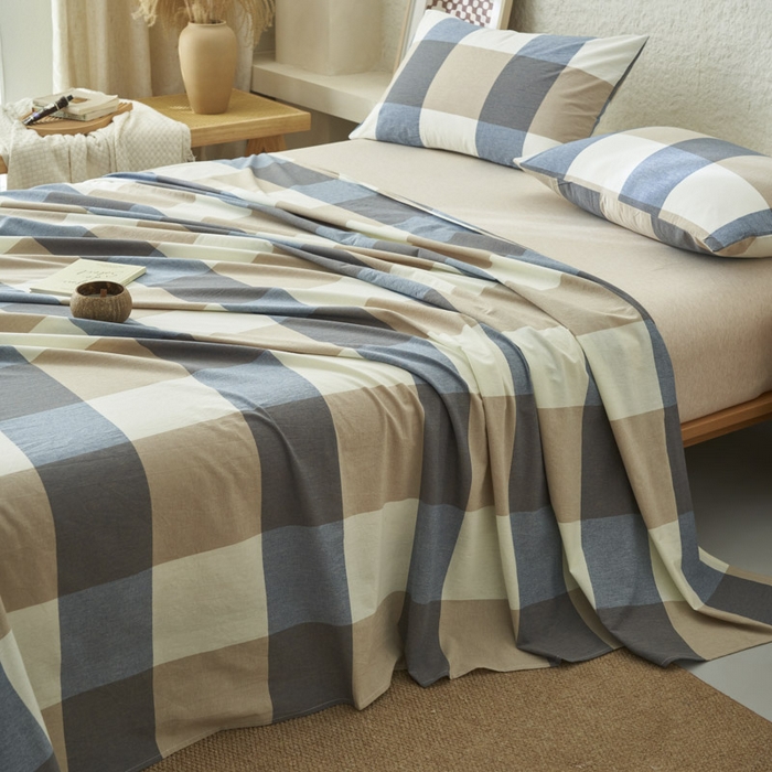 91家纺网 家纺一手货源 找家纺 早晨家纺 2025新款色织纯棉水洗棉床单 蓝大格