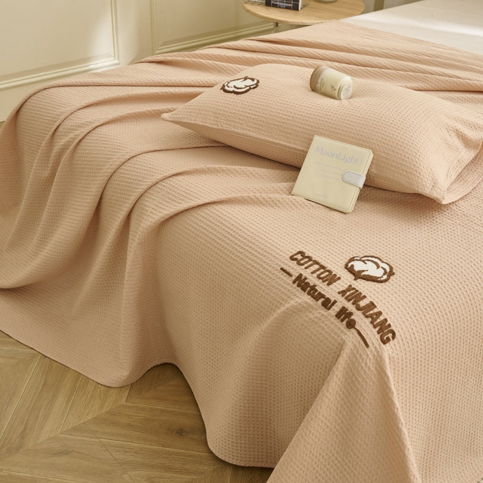 91家纺网 家纺一手货源 找家纺 早晨家纺 2025新款纯棉华夫格床单 纯棉华夫格床单-杏色