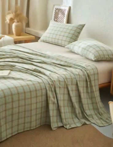 91家纺网 家纺一手货源 找家纺 早晨家纺 2025新款色织纯棉水洗棉床单 梦雨-绿