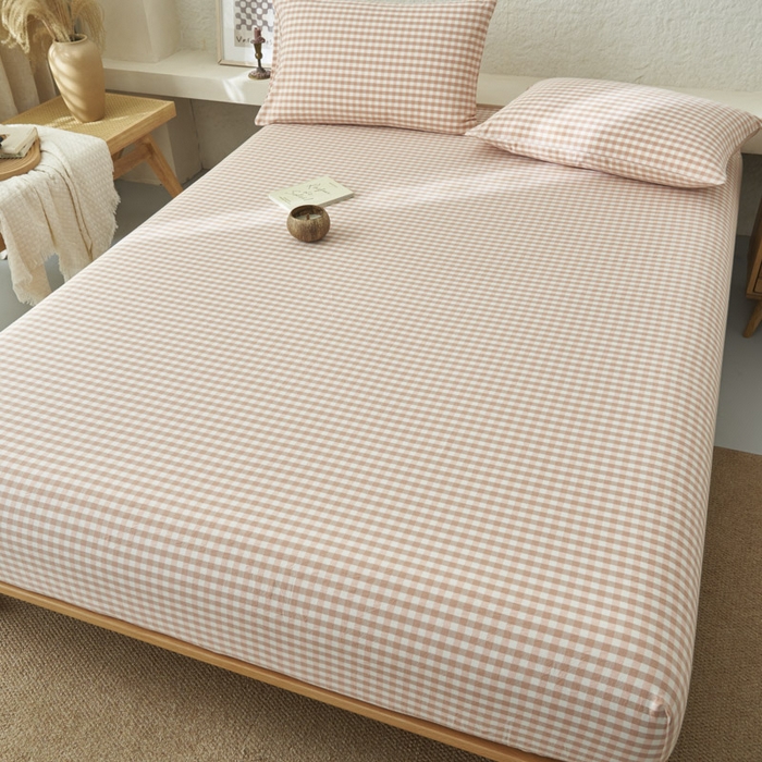 91家纺网 家纺一手货源 找家纺 早晨家纺 2025新款色织纯棉水洗棉床笠 粉小格