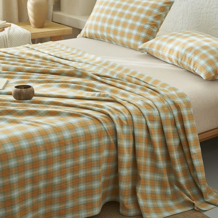 91家纺网 家纺一手货源 找家纺 早晨家纺 2025新款色织纯棉水洗棉床单 沐夏-桔