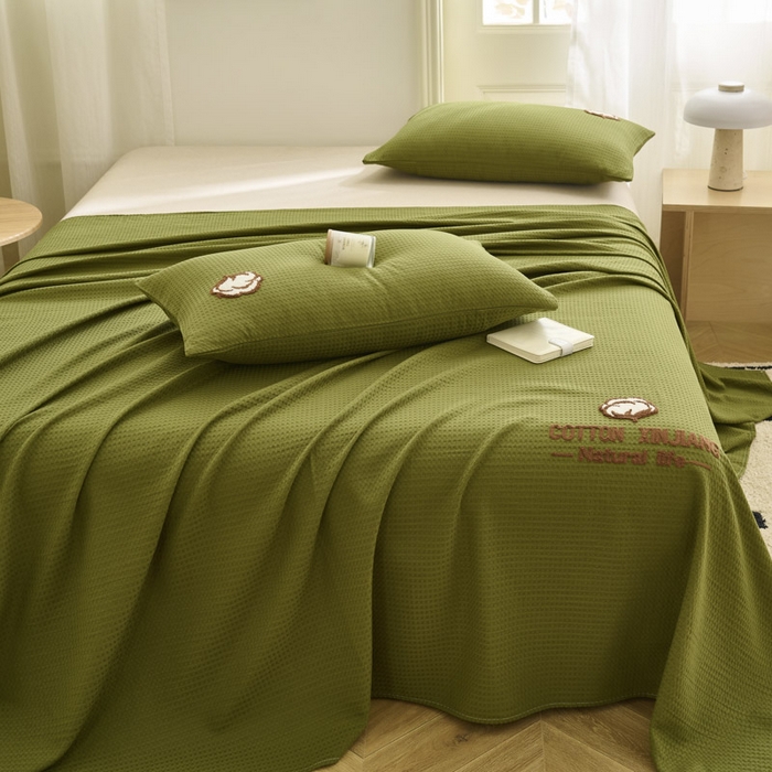 91家纺网 家纺一手货源 找家纺 早晨家纺 2025新款纯棉华夫格床单 纯棉华夫格床单-橄榄绿