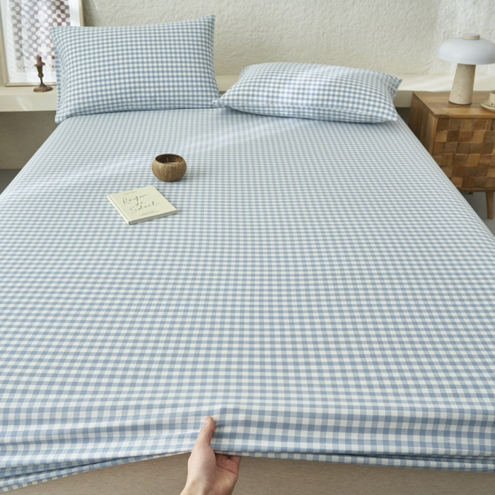 91家纺网 家纺一手货源 找家纺 早晨家纺 2025新款色织纯棉水洗棉床笠 蓝小格