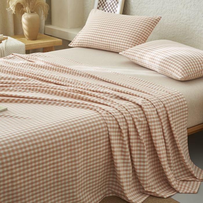 91家纺网 家纺一手货源 找家纺 早晨家纺 2025新款色织纯棉水洗棉床单 粉小格