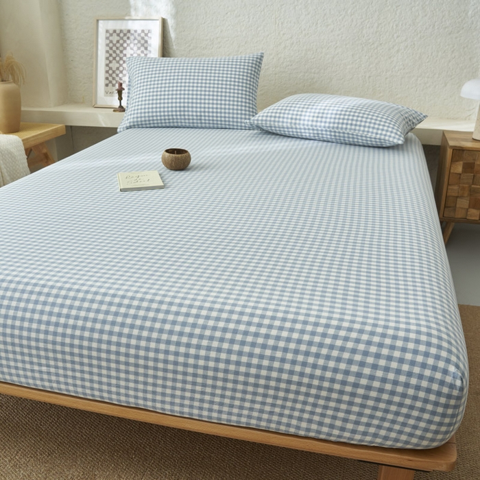 91家纺网 家纺一手货源 找家纺 早晨家纺 2025新款色织纯棉水洗棉床笠 蓝小格