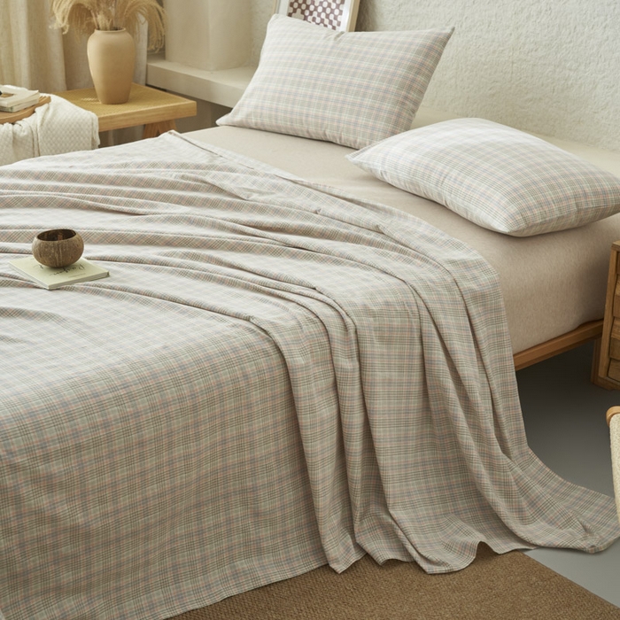 91家纺网 家纺一手货源 找家纺 早晨家纺 2025新款色织纯棉水洗棉床单 丛草集-粉