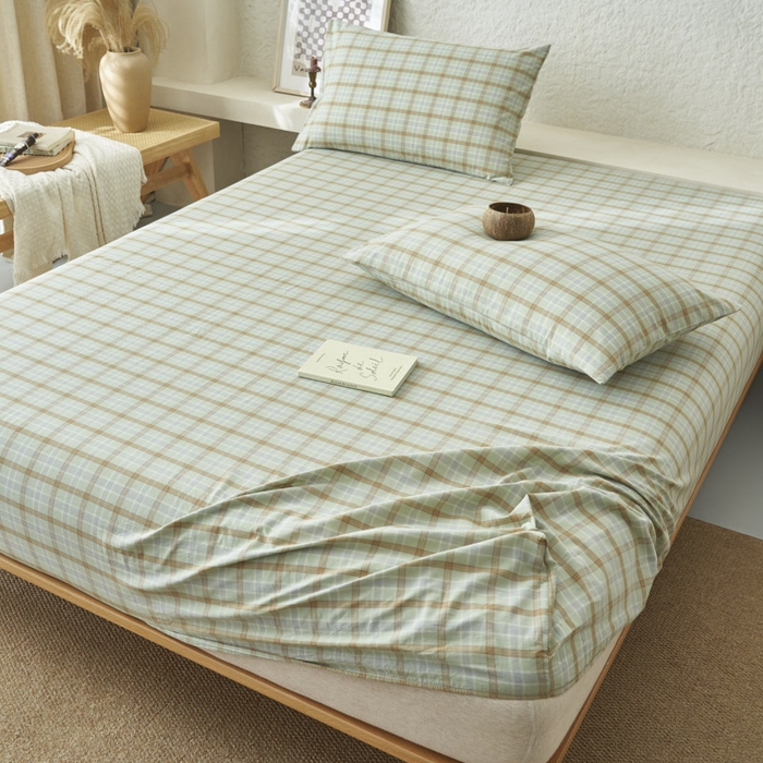 91家纺网 家纺一手货源 找家纺 早晨家纺 2025新款色织纯棉水洗棉床笠 梦雨-绿