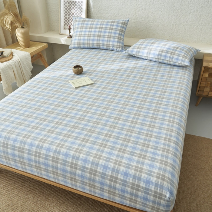 91家纺网 家纺一手货源 找家纺 早晨家纺 2025新款色织纯棉水洗棉床笠 森迪-蓝