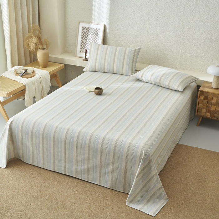 91家纺网 家纺一手货源 找家纺 早晨家纺 2025新款色织纯棉水洗棉床单 凯西亚-蓝