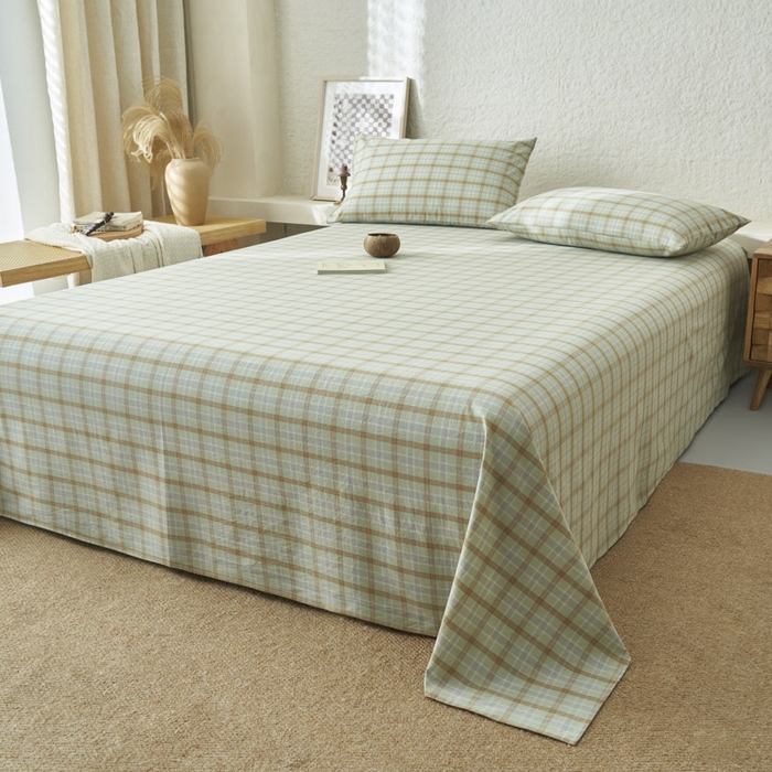 91家纺网 家纺一手货源 找家纺 早晨家纺 2025新款色织纯棉水洗棉床单 梦雨-绿