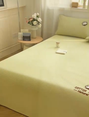 91家纺网 家纺一手货源 找家纺 早晨家纺 2025新款纯棉华夫格床单 纯棉华夫格床单-黄绿