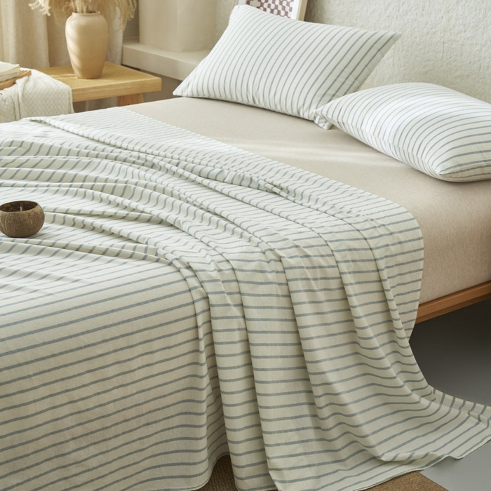 91家纺网 家纺一手货源 找家纺 早晨家纺 2025新款色织纯棉水洗棉床单 格律时尚-浅兰