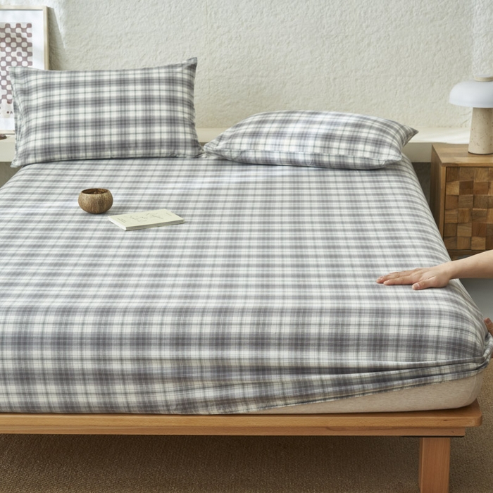 91家纺网 家纺一手货源 找家纺 早晨家纺 2025新款色织纯棉水洗棉床笠 轩尼诗-灰