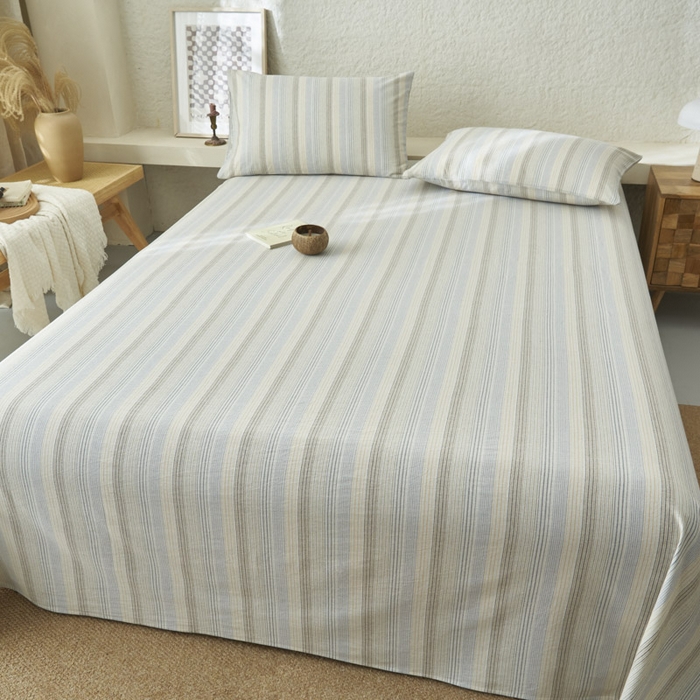 91家纺网 家纺一手货源 找家纺 早晨家纺 2025新款色织纯棉水洗棉床单 凯西亚-蓝