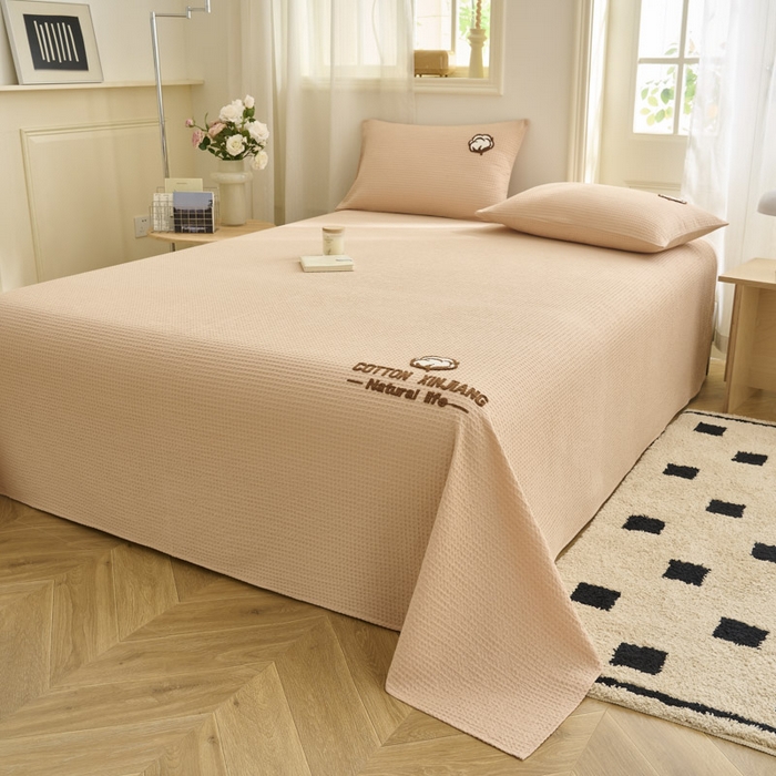 91家纺网 家纺一手货源 找家纺 早晨家纺 2025新款纯棉华夫格床单 纯棉华夫格床单-杏色